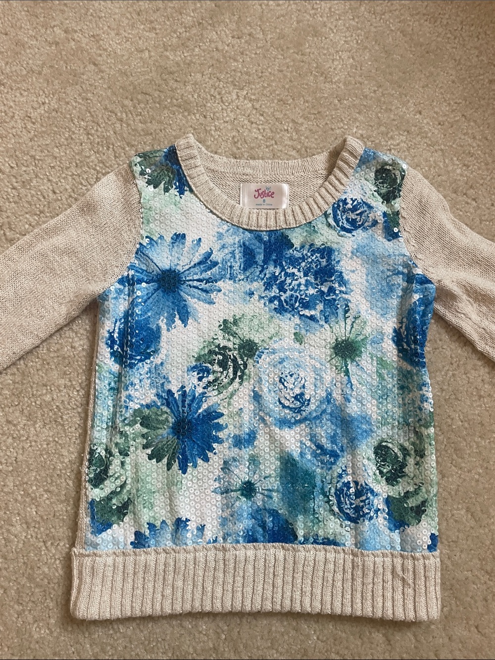 Justice Girls Sequin Floral sweater Top in Blue & Green with Cream Sleeves